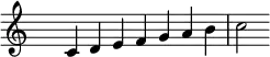 \relative c' {
\clef treble \time 7/4 \hide Staff.TimeSignature
c4 d e f g a b c2
}