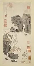 Wen Zhengming, 1531. Vieux arbres près d'une cascade froide. Encre et couleurs sur papier, 54,6 x 24,7 cm. LACMA
