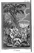 Décapitation d'un Indien Collapissas. Application de la Loi du Talion, en réparation de la mort d'un Indien Chatas : un père se fait décapiter à la place de son fils Tichou. De Saint Aubin [dessin.] ; Le Capitaine Bossu, [aut. du texte]; C. Beurlier (graveur).