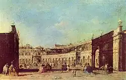 Vue d'une place avec personnages bordée de bâtiments à colonnades.
