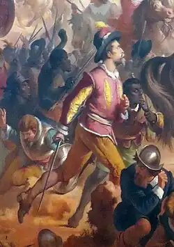 Peinture en couleurs. Un homme élégant, vêtu d'un costume jaune et rose et d'un chapeau à plume, s'élance vers la droite (le centre de la scène), l'épée dégainée mais basse.