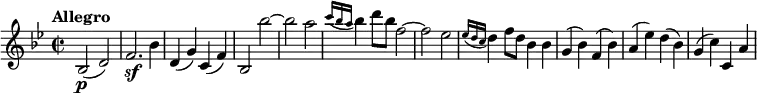 \version "2.18.2"
\relative c'' {
\key bes \major
\time 2/2
\tempo "Allegro "
\tempo 4 = 190
bes,2 \p (d)
f2. \sf bes4
d, (g) c, (f)
bes,2 bes'' ~
bes a
\grace {c16 (bes a} bes4) d8 bes f2 ~
f ees
\grace {ees16 (d c} d4) f8 d bes4 bes
g (bes) f (bes)
a (ees') d (bes)
g (c) c, a'
}