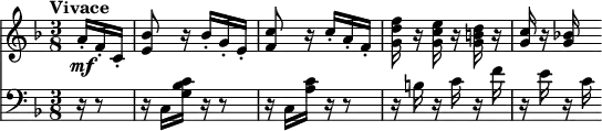 \version "2.18.2"
<<
\new Staff \relative c'' {
\clef "treble"
\tempo "Vivace"
\key f \major
\time 3/8
\partial 8. a16-. \mf f-. c-.
<e bes'>8 r16 bes'-. g-. e-.
<f c'>8 r16 c'-. a-. f-.
<g d' f> r <g c e> r <g b d> r16
<g c> r <g bes!>
}
\new Staff \relative c {
\clef "bass"
\key f \major
\time 3/8
\tempo 4 = 110
\partial 8. r16 r8
r16 c <g' bes c> r r8
r16 c, <a' c> r r8
r16 b r c r f
r e r c
}
>>