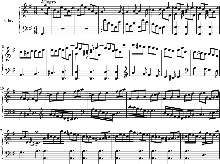 
\version "2.18.2"
\header {
  tagline = ##f
  % composer = "Domenico Scarlatti"
  % opus = "K. 305"
  % meter = "Allegro"
}

%% les petites notes
trillCisp     = { \tag #'print { cis4.\prall } \tag #'midi { d32 cis d cis~   \tempo 4. = 56 cis4   \tempo 4. = 92 } }

upper = \relative c'' {
  \clef treble 
  \key g \major
  \time 6/8
  \tempo 4. = 92
  \set Staff.midiInstrument = #"harpsichord"
  \override TupletBracket.bracket-visibility = ##f

      \partial 4.
      s8*0^\markup{Allegro}
      r8 g'8 d | b g e' c a d | b g' e c a fis | g s4 s4 g8~ |
      % ms. 4
      g4 a8~ a4 b8~ | b4 c8 << { s8 d4~ | d8 c a b d4~ d8 c a } \\ { b8 d d, | e4 fis8 g d' d, | e4 fis8 } >> b8 g d'
      % ms. 8
      d8 cis e e d fis | fis e g << { s8 a4~ a8 g e fis a4~ a8 g e } \\ { fis a a, | b4 cis8 | d a' a, } >> fis'8 d d' |
      % ms. 12
      d8 cis b b a g | g fis e fis a d, | d cis b b a g | g fis e fis d d' |
      % ms. 16
      \repeat unfold 2 { cis8 d e fis g a } | \repeat unfold 2 { fis, g a b c d } |
      % ms. 20
      d8 e g, fis g a | a b d, \acciaccatura d16 \trillCisp | a'16 cis b a a' g f8 e d | c bes a gis a b |
      % ms. 24
      cis16 e d cis a' g f8 e d | c bes a gis a b | cis16[ e d cis] g'8 a,16[ fis' e d] a'8 | 

}

lower = \relative c' {
  \clef bass
  \key g \major
  \time 6/8
  \set Staff.midiInstrument = #"harpsichord"
  \override TupletBracket.bracket-visibility = ##f

    % ************************************** \appoggiatura a16  \repeat unfold 2 {  } \times 2/3 { }   \omit TupletNumber 
      g,4. | R2.*2 | r8 g''8 d b g e' |
      % ms. 4
      c a d g, g' e | c a fis g4. | < g, g' >4. q q q |  
      % ms. 8
      a4. b | cis < d, d' >4. q q q q | \clef treble 
      % ms. 12
      a'''4 g8 | fis4 e8 | d4 cis8 d4. |   \clef bass a4 g8 fis4 e8 | d4 cis8 d4. | \clef treble 
      % ms. 16
      a''16 g fis e d cis d4. |  \clef bass  a16 g fis e d cis d4. | d'16 c b a g fis g4. | d16  c b a g fis  g8 a b |
      % ms. 20 
      cis4. d8 e fis | g4. a | \repeat unfold 9 { < a, a' >4. } |
      % ms. 26 suite…
      d4. 

}

thePianoStaff = \new PianoStaff <<
    \set PianoStaff.instrumentName = #"Clav."
    \new Staff = "upper" \upper
    \new Staff = "lower" \lower
  >>

\score {
  \keepWithTag #'print \thePianoStaff
  \layout {
      #(layout-set-staff-size 17)
    \context {
      \Score
     \override SpacingSpanner.common-shortest-duration = #(ly:make-moment 1/2)
      \remove "Metronome_mark_engraver"
    }
  }
}

\score {
  \keepWithTag #'midi \thePianoStaff
  \midi { }
}
