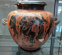 Thiase dionysiaque : stamnos étrusque à figures noires, c. -520.