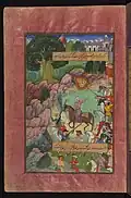 En route vers l'Hindoustan, Babur et ses hommes s'arrêtent pour la nuit avant de traverser l'Indus. Miniature fin du XVIe&nbsp;siècle.