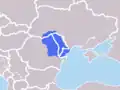 En bleu foncé la Moldavie historique, en blanc les frontières actuelles