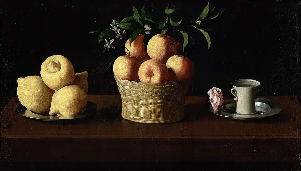 Nature morte aux citrons et oranges avec une rose Vers 1633 (60&nbsp;×&nbsp;107&nbsp;cm) Norton Simon Foundation, Los Angeles.