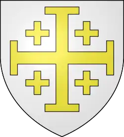 D'argent, à la croix potencée d'or, cantonnée de quatre croisettes du même.