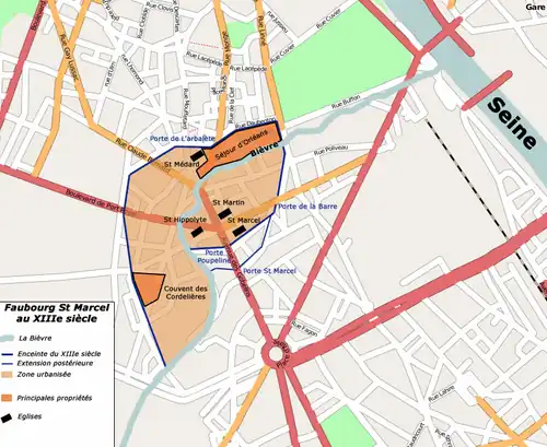 Plan du faubourg Saint-Marcel au XIIIe&nbsp;siècle.