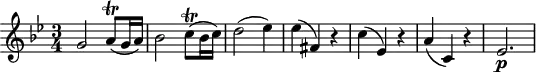 
\header {
  tagline = ##f
}

\score {
  \new Staff \with {

  }
<<
  \relative c'' {
    \key bes \major
    \time 3/4
    \override TupletBracket #'bracket-visibility = ##f 
    %\autoBeamOff

     %%%%%%%%%%%%%%%%%%%%%%%%%% K312/590d
     g2 a8\trill( g16 a) bes2 c8\trill( bes16 c) d2( ees4) ees( fis,) r4 c'( ees,) r4 a( c,) r4 ees2.\p

  }
>>
  \layout {
    \context {
      \remove "Metronome_mark_engraver"
    }
  }
  \midi {}
}
