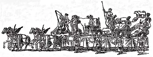 Gravure figurant un char, tiré par quatre chevaux, porteur d'un paysage au milieu duquel se trouve le bœuf gras
