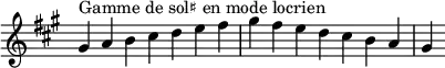  {
\override Score.TimeSignature #'stencil = ##f
\relative c'' {
  \key gis \locrian
  \clef treble \time 7/4
  gis4^\markup { Gamme de sol♯ en mode locrien } a b cis d e fis gis fis e d cis b a gis
} }
