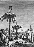 Exécution par wheeling, qui était appliquée aux Cosaques et aux civille habitants, gravure russe du XVIIIe siècle