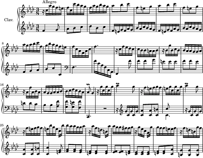 
\version "2.18.2"
\header {
  tagline = ##f
}

%% les petites notes
trillAesq = { \tag #'print { aes8\prall } \tag #'midi { bes32 aes bes aes } }
trillAes = { \tag #'print { aes4\prall } \tag #'midi { bes32 aes bes aes~ aes8 } }

upper = \relative c'' {
  \clef treble 
  \key f \minor
  \time 3/8
  \tempo 4. = 68
  \set Staff.midiInstrument = #"harpsichord"

      s8*0^\markup{Allegro}
      r16 c aes' g f e | f c c' bes aes g | f aes g bes aes g | aes8 bes c | f, e g | aes bes c |
      % ms. 7
      f,8 e g | aes16 g aes bes c f, | g bes aes g f e | f c aes f aes c | f4. | r16 c f ees des c |
      % ms. 13
      c16 bes bes a a bes | r16 bes g' bes, c bes | bes aes aes g g aes | r16 aes f' aes, bes aes | aes g g aes aes bes | bes c des c bes aes | \trillAesq g4
      % ms. 20
      r16 g'16 c, g' c, g' | \trillAes g8 | r16 f16 e f g f | e g c, g' c, g' | \trillAes g8 | r16 f16 e f g f |
      % ms. 26
      e16 bes' g e c[ bes'] | bes aes aes g g aes | r16 aes16 f d b[ aes'] | aes g g fis fis g | r16 g16 ees c aes[ g'] | g16 f f e e f
      % ms. 32
      r16 f16 d b g' f

}

lower = \relative c' {
  \clef bass
  \key f \minor
  \time 3/8
  \set Staff.midiInstrument = #"harpsichord"

    % **************************************
        \clef treble  f4 g8 | aes bes c | des bes c | \repeat unfold 2 { f,16 e g f aes g | bes aes c bes aes g } |
      % ms. 8
      f8 g aes bes c c, |   \clef bass f,4. | f'16 c aes f c aes | f4 f''8 |
      % ms. 13
      f8 f g  | e e e  | f f ees | d d c | bes bes < aes f' > | < g f' > < g e' > < f f' > | c,4. |
      % ms. 20
      R4. | r16 \clef treble g'''16 c, g' c, g' | < c, aes' >8 q < c b' > | << { c'8 } \\ { c,4. } >> | r16 g'16 c, g' c, g' | < c, aes' >8 q < c b' > |
      % ms. 26
      < c c' >4 < e g >8 | < f aes > q < ees g > | < d f > q q | < ees f > q < d f > | < c ees > q q | < d f > q < c aes' >
      % ms. 32
      < b g' >8 q q 

}

thePianoStaff = \new PianoStaff <<
    \set PianoStaff.instrumentName = #"Clav."
    \new Staff = "upper" \upper
    \new Staff = "lower" \lower
  >>

\score {
  \keepWithTag #'print \thePianoStaff
  \layout {
      #(layout-set-staff-size 17)
    \context {
      \Score
     \override SpacingSpanner.common-shortest-duration = #(ly:make-moment 1/2)
      \remove "Metronome_mark_engraver"
    }
  }
}

\score {
  \keepWithTag #'midi \thePianoStaff
  \midi { }
}
