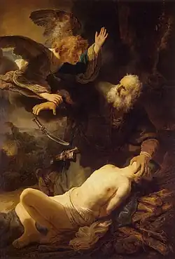 peinture montrant un homme sur le point d'égorger un garçon, arrêté par un ange qui fait tomber son couteau.