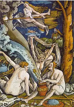 plusieurs femmes âgées nues au pied d'un arbre, avec divers objets (chaudrons, balais, bouc).