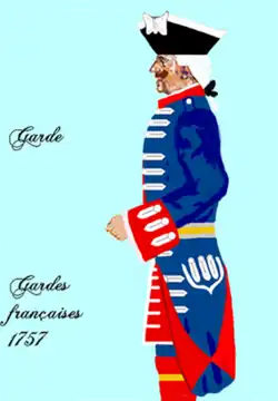 Régiment des Gardes Françaises en 1757 (Habit bleu, parements rouges garnis d'éléments blancs).