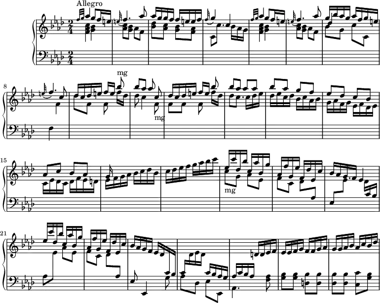 
\version "2.18.2"
\header {
  tagline = ##f
  % composer = "Domenico Scarlatti"
  % opus = "K. 19"
  % meter = "Allegro"
}

%% les petites notes
%trillBesp     = { \tag #'print { bes4.\prall } \tag #'midi { c32 bes c bes~ bes4 } }

upper = \relative c'' {
  \clef treble 
  \key f \minor
  \time 2/4
  \tempo 4 = 92
  \set Staff.midiInstrument = #"harpsichord"
  \override TupletBracket.bracket-visibility = ##f

      s8*0^\markup{Allegro}
      \grace {   \tempo 4 = 35 f32 g }   \tempo 4 = 92 \stemUp aes4 g8 f16 e | \appoggiatura e32 f4. aes8 | aes16 g g f f e e f |
      % ms. 4
      \appoggiatura f32 g4 c,4 | \grace {   \tempo 4 = 35 f32 g }   \tempo 4 = 92 \stemUp aes4 g8 f16 e | \appoggiatura e32 f4. aes8 | g16 bes aes g aes f g e |
      % ms. 8
      \appoggiatura e32 f4. c8 | des16 c des e f e  \stemDown f[ des] | des8 c4 \stemUp c8 | des16 c des e f[ e] \stemDown  f des |
      % ms. 12
      des8 c8. c16 des ees | des ees c des bes c aes bes | g aes f g ees f des ees | c16 ees des c des f ees d |
      % ms. 16
      ees16 f g aes bes c des bes | c des ees f g aes bes c | \stemUp ees, c' des, bes' c, aes' bes, g' | aes, f' g, ees' f, des' ees, c' |
      % ms. 20
      bes16 aes g f ees4 | \stemUp ees'16 c' des, bes' c, aes' bes, g' | aes, f' g, ees' f, des' ees, c' | bes16 aes g f  ees des \stemUp \change Staff = "lower" c bes |
      % ms. 24
      c16 \stemDown \change Staff = "upper" des ees des \stemUp \change Staff = "lower" c bes aes g | aes c bes aes \change Staff = "upper" d16 d ees f | ees ees f g f f g aes | g g aes bes aes c bes des |

}

lower = \relative c' {
  \clef bass
  \key f \minor
  \time 2/4
  \set Staff.midiInstrument = #"harpsichord"
  \override TupletBracket.bracket-visibility = ##f

    % ************************************** \appoggiatura a8  \repeat unfold 2 {  } \times 2/3 { }   \omit TupletNumber 
      \grace s16 \stemDown \change Staff = "upper" < f aes c >4 < g bes > | < aes c >8 < g bes > aes f | < bes des > < aes c > < g bes > < f aes >
      % ms. 4
      c8 c'8. bes16 aes g | < f aes c >4 < g bes > | < aes c >8 < g bes > aes f << { \shiftOn des'4 } \\ { bes8 g c c, } >> | \change Staff = "lower" 
      % ms. 8
      f,4 \stemDown \change Staff = "upper" f'4 des'8 f, \autoBeamOff f \stemUp bes'8^\markup{mg} | \autoBeamOn bes aes \autoBeamOff aes \stemDown f,-\markup{mg} | \autoBeamOn f f \autoBeamOff f \stemUp bes'8 \autoBeamOn |
      % ms. 12
      bes8 aes aes aes | bes aes g f | ees des c bes | aes c bes aes |
      % ms. 16
      g16 s16 s8 s4 | s2 | \stemDown c8-\markup{mg} g aes ees f c des \stemUp \change Staff = "lower"  aes |
      % ms. 20
      ees8  \stemDown \change Staff = "upper" ees'8. des16 \stemUp \change Staff = "lower"  c bes | \stemDown aes8  \change Staff = "upper" ees' aes ees | f c des  \stemUp \change Staff = "lower"  aes | ees8 ees,4 \stemDown g'8 |
      % ms. 24
      aes8 des, ees \stemDown ees, | aes4. \stemNeutral < f' aes >8 | < g bes > q < d bes' > q | < des bes' > q < c c' > < g' bes > |

}

thePianoStaff = \new PianoStaff <<
    \set PianoStaff.instrumentName = #"Clav."
    \new Staff = "upper" \upper
    \new Staff = "lower" \lower
  >>

\score {
  \keepWithTag #'print \thePianoStaff
  \layout {
      #(layout-set-staff-size 17)
    \context {
      \Score
     \override SpacingSpanner.common-shortest-duration = #(ly:make-moment 1/2)
      \remove "Metronome_mark_engraver"
    }
  }
}

\score {
  \keepWithTag #'midi \thePianoStaff
  \midi { }
}
