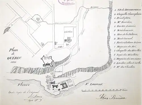 Plan de Québec dessiné par Pierre-Louis Morin selon un plan hypothétique de Jean Bourdon représentant Québec en 1640