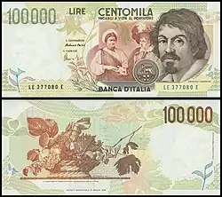 billet de banque arborant au recto le visage de Caravage et au verso une représentation de sa nature morte à la corbeille de fruits