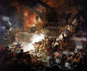 Peinture de Mather Brown représentant la destruction de l'Orient durant la bataille d'Aboukir