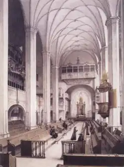 L'intérieur de l'église Saint-Thomas de Leipzig avant sa restauration en 1885. La tribune d'orgue se trouve à gauche. Gravure de O. Kutschera d'après une aquarelle de Hubert Kratz