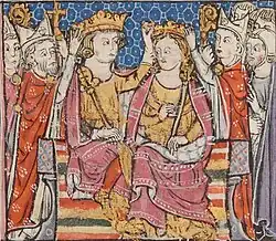 Miniature du Moyen Âge représentant le couronnement d'un couple royal entouré d'une assemblée richement vétue.