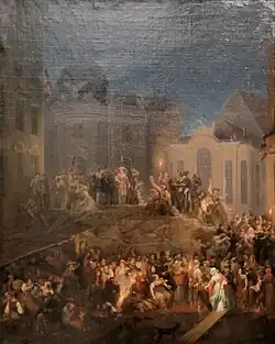 La barricade sur la Michaelerplatz dans la nuit du 26 au 27 mai 1848 – Anton Ziegler, 1848 – Le 25 mai, les étudiants de la Légion académique, des gardes nationaux et des ouvriers élèvent plus de 160 barricades dans le centre de Vienne.