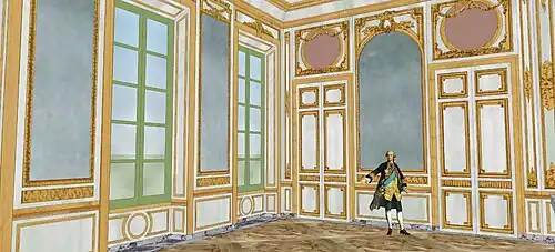 Restitution du deuxième salon, vers 1774. Vue du côté des fenêtres.