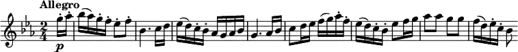 \version "2.14.2"
\relative c'' {
\clef "treble"
\tempo "Allegro"
\key ees \major
\time 2/4
\tempo 4 = 160
\partial 4 \partial 8 g'16-.\p aes-.
bes (aes) g-. f-. ees8-. f-.
bes,4. c16 d
ees (d) c-. bes-. aes g aes bes
g4. aes16 bes
c8 d16 ees f (g) aes-. f-.
ees (d) c-. bes-. ees8 f16 g
aes8 aes g g
f16 (d) ees-. c-. bes8
}