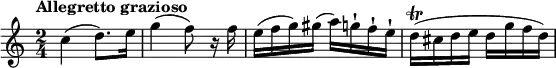 \relative c'' {
\version "2.18.2"
\key c \major
\time 2/4
\tempo "Allegretto grazioso"
\tempo 4 = 90
c4 (d8.) e16
g4 (f8) r16 f
e (f g) gis (a) g-! f-! e-!
d\trill (cis d e d g f d)
}