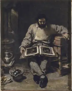 Marc Trapadoux examinant un livre d'estampes par Gustave Courbet, huile sur bois, 1849.