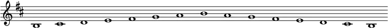 
\new Staff {
  \relative c' {
    \key b \minor
    \override Staff.TimeSignature #'stencil = ##f
    \override Staff.BarLine #'stencil = ##f
     b1 cis d e fis g a b a g fis e d cis b
  }
}
\midi {
  \context {
    \Score
    tempoWholesPerMinute = #(ly:make-moment 120 1)
  }
}
