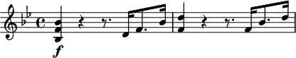 
\header {
  tagline = ##f
}

\score {
  \new Staff \with {

  }
<<
  \relative c'' {
    \key bes \major
    \time 4/4
    \override TupletBracket #'bracket-visibility = ##f 
    \autoBeamOff

     %%%%%%%%%%%%%%%%%%%%%%%%%% K39
     < bes f bes, >4\f r4 r8. d,16[ f8. bes16] < d f, >4 r4 r8. f,16[ bes8. d16]

  }
>>
  \layout {
    \context {
      \remove "Metronome_mark_engraver"
    }
  }
  \midi {}
}
