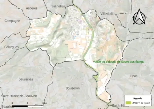 Carte de la ZNIEFF de type 2 sur le territoire de la commune.