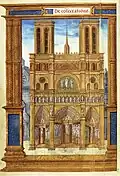 La cathédrale dans le Pontifical romain de Jean de Mauléon, évêque de Comminges, BnF, Ms. lat. 1226 (2), fol. 1v (ca 1525-1530).