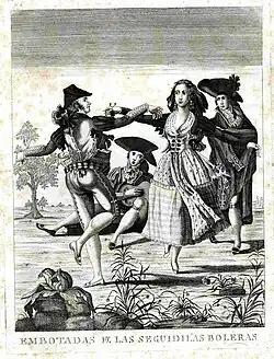 couple en costume dansant la séguidille, avec des castagnettes en mains