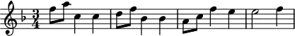 
\header {
  tagline = ##f
}

\score {
  \new Staff \with {

  }
<<
  \relative c'' {
    \key f \major
    \time 3/4
    \override TupletBracket #'bracket-visibility = ##f 
    \autoBeamOff

     %%%%%%%%%%%%%%%%%%%%%%%%%% K2
     f8[ a] c,4 c d8[ f] bes,4 bes a8[ c] f4 e e2 f4

  }
>>
  \layout {
    \context {
      \remove "Metronome_mark_engraver"
    }
  }
  \midi {}
}

