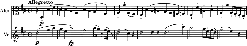 <<
\new Staff \with { instrumentName = #"Alto "}
\relative c {
\version "2.18.2"
\key d \major
\tempo "Allegretto"
\time 2/2
\tempo 4 = 160
\clef "alto"
r4 d-! \p d' (fis e d cis a)
d (cis b g)
a-! a'-! a, (g)
fis-! d' (cis c b a gis g)
fis-! fis'-! cis!-! d-!
a-! a'-! a,8-. g-. fis-. e-.
}
\new Staff \with { instrumentName = #"Vc "} \relative c'' {
\clef "bass"
\key d \major
\time 2/2
\clef "treble" d2\p (fis4 a g e a2\fp)
fis2 a16 (g) r8 fis16 (e) r8
d2 (cis4) r4
d2 d4 d
d2. (b'4)
a2 g8 (e) fis (d)
fis2 (e4) r4
}
>>