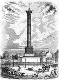 La place, vue du nord, en 1842. L'éléphant y est distinctement visible, de face, sur la gauche.