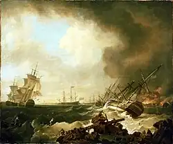 Tableau représentant une bataille navale au XVIIIe&nbsp;siècle.