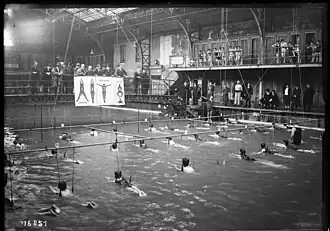 Démonstration de natation scolaire avec appareil Trotzier piscine Ledru-Rollin 1927