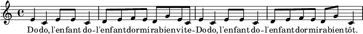 \new Staff \with {
midiInstrument = "voice oohs"
}
{
\relative c'' {
\key c \major
\time 4/4
% mesure 1
e,4 c e8 e c4
% mesure 2
d8 e f e d g e c
% mesure 3
e4 c e8 e c4
% mesure 4
d8 e f e d g c,4
}
}
\addlyrics {
\lyricmode {
Do -- do, -- l'en -- fant do -- l'enf -- ant -- dor -- mi -- ra -- bien -- vi -- te -- Do -- do, -- l'en -- fant do -- l'enf -- ant -- dor -- mi -- ra -- bien -- tôt.
}
}
\midi { \tempo 2 = 40 }