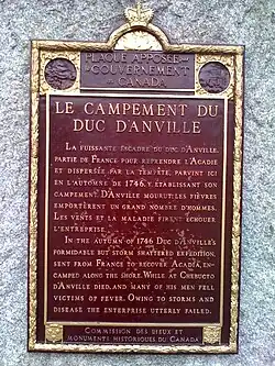 Plaque en l'honneur de l'expédition du duc d'Anville, à Halifax, en Nouvelle-Écosse.