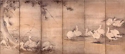 Oies sauvages et roseaux : Paire de paravents à six feuilles, H. 155,5 cm ; L. 361,5 cm. Attribué à Miyamoto Musashi. Musée Eisei Bunko, Tokyo (côté droit).