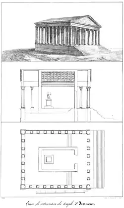 Dessin en noir et blanc d'un temple antique.