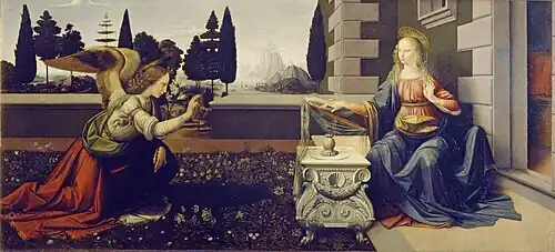 Peinture d'un ange agenouillé devant une femme lisant et portant une auréole.