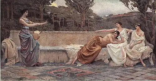 Tableau représentant Sappho, jouant de la lyre face à trois autres femmes.