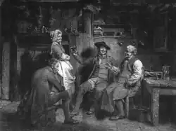 Scène d'auberge victorienne en noir et blanc : quatre personnages autour d'une table, atmosphère chaleureuse et conviviale. Éclairage tamisé, composition narrative centrée sur les interactions et expressions des personnages, évoquant l'intimité d'un lieu de rencontre traditionnel.